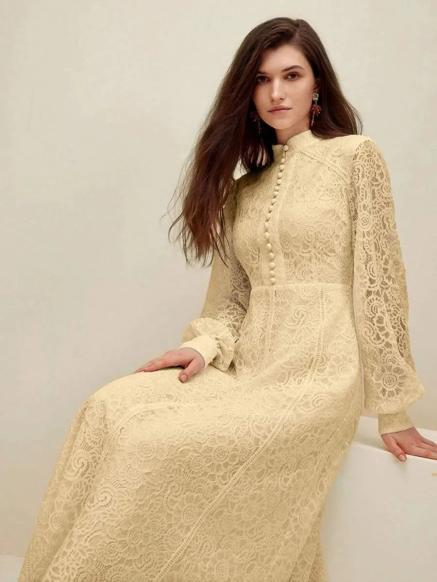 Women Long Sleeve Soft Style Lace Sky Blue Dress Maxi Women Outfit