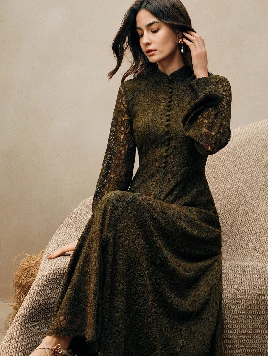 Women Long Sleeve Soft Style Lace Sky Blue Dress Maxi Women Outfit