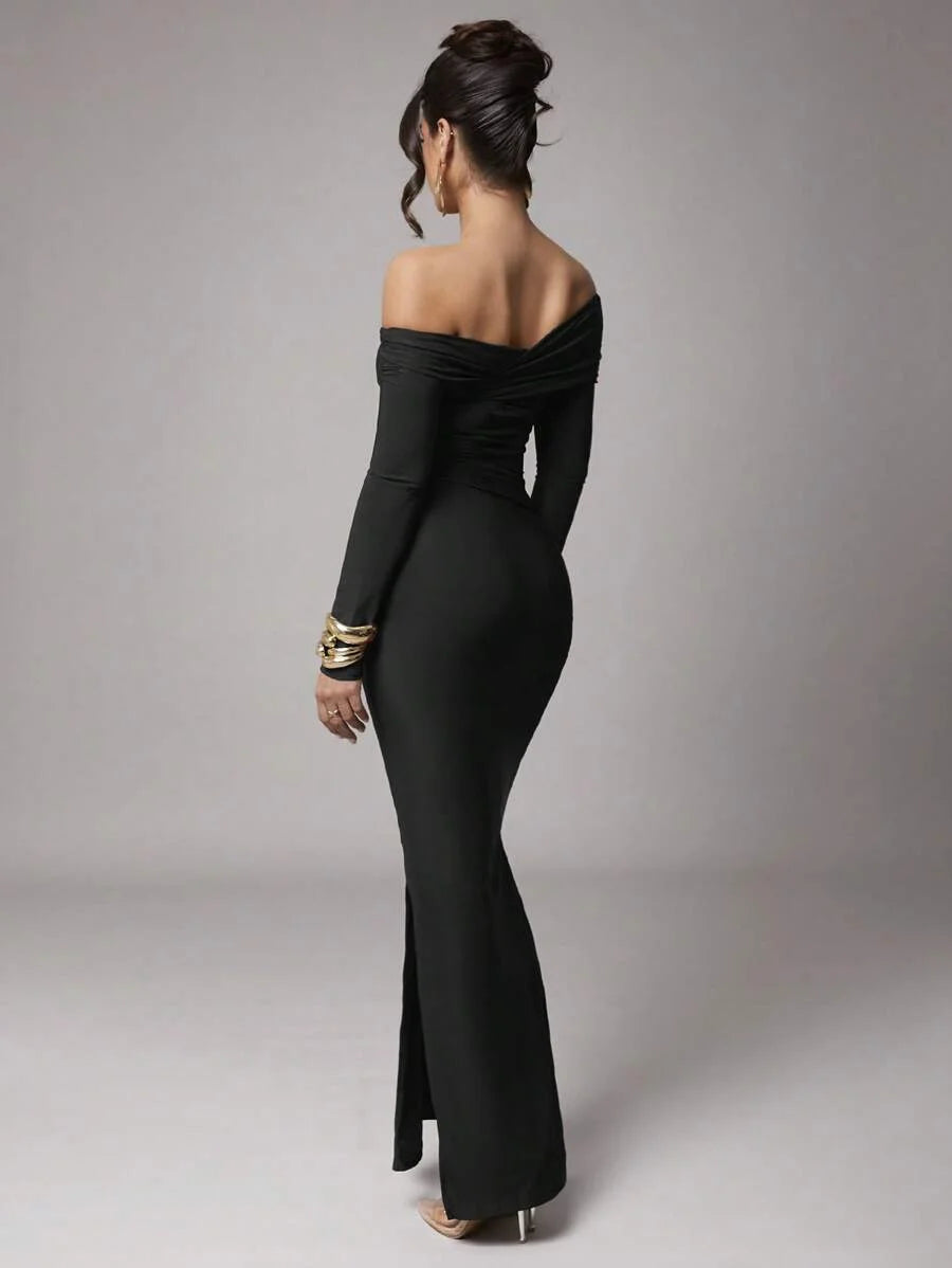 Women Plus Size Elegant Solid Color Long Sleeve CasualParty Dress Collared Asymmetrical Shoulder