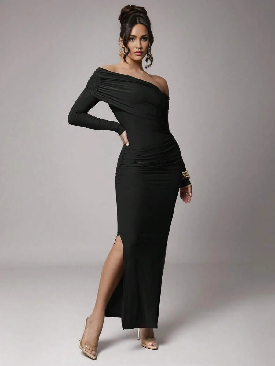 Women Plus Size Elegant Solid Color Long Sleeve CasualParty Dress Collared Asymmetrical Shoulder