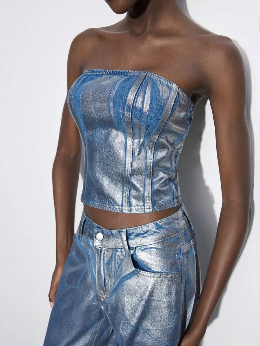 Women Simple Fitted Denim Tube Top Casual Vacation