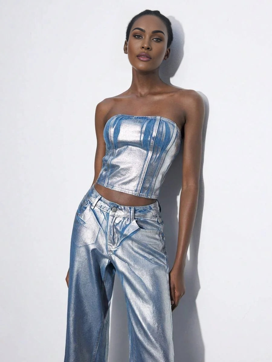 Women Simple Fitted Denim Tube Top Casual Vacation