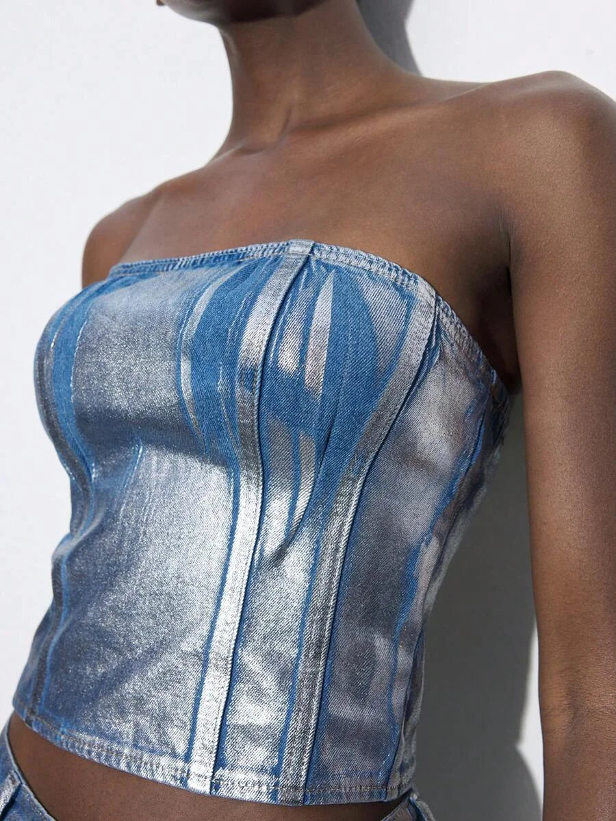 Women Simple Fitted Denim Tube Top Casual Vacation