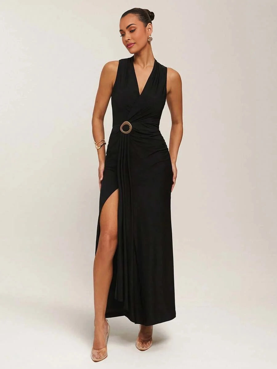 Women Sleeveless VNeck Solid Color Dress Fashionable For Summer