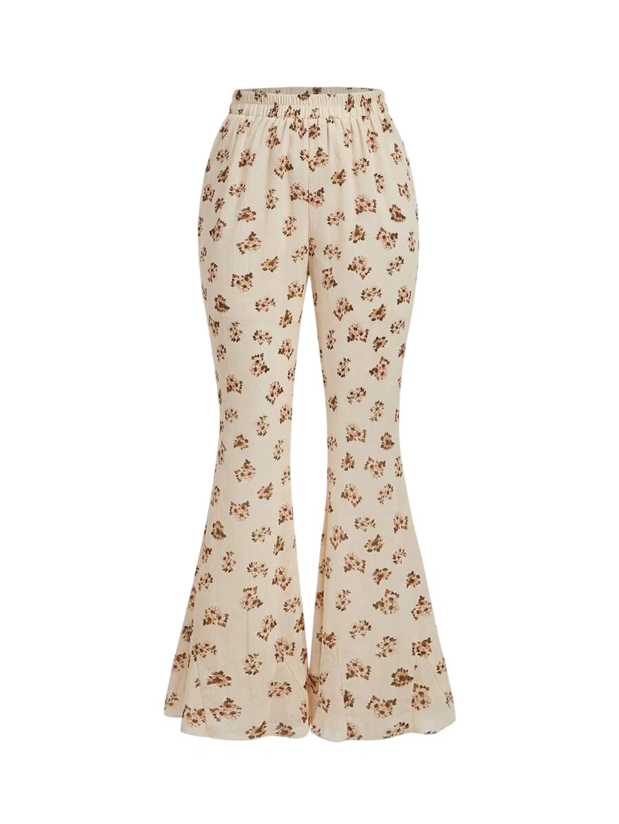 Women Textured Mesh Sheer Floral Print Flare Pants