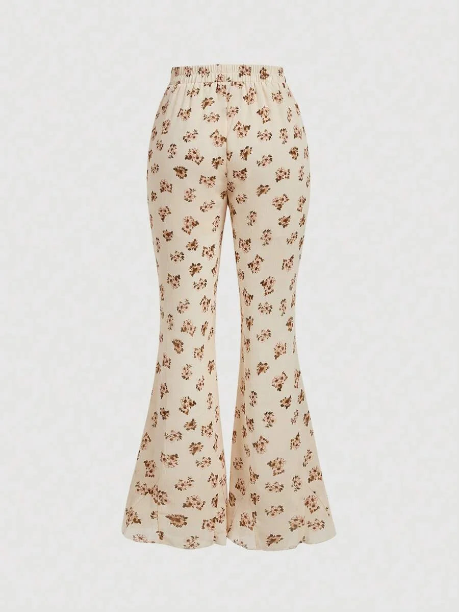Women Textured Mesh Sheer Floral Print Flare Pants