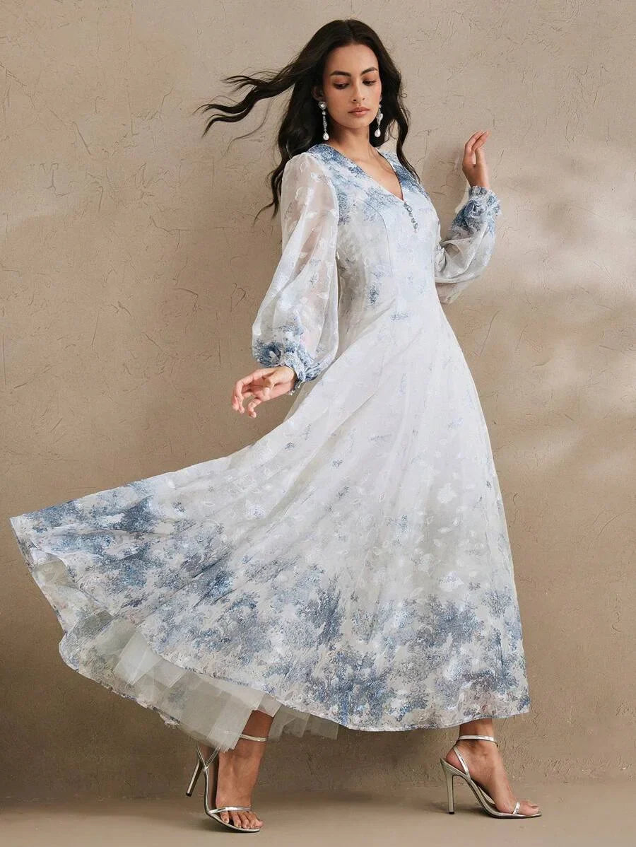 Women VNeck Elegant Placed Floral Print Long Sleeve Dress Spring Outfits Classy Dresses For Woman