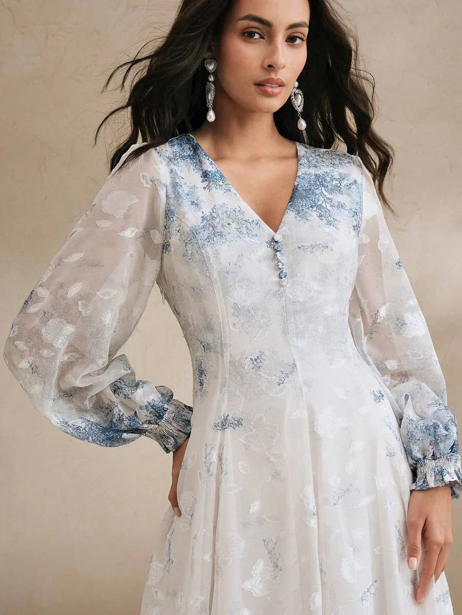 Women VNeck Elegant Placed Floral Print Long Sleeve Dress Spring Outfits Classy Dresses For Woman