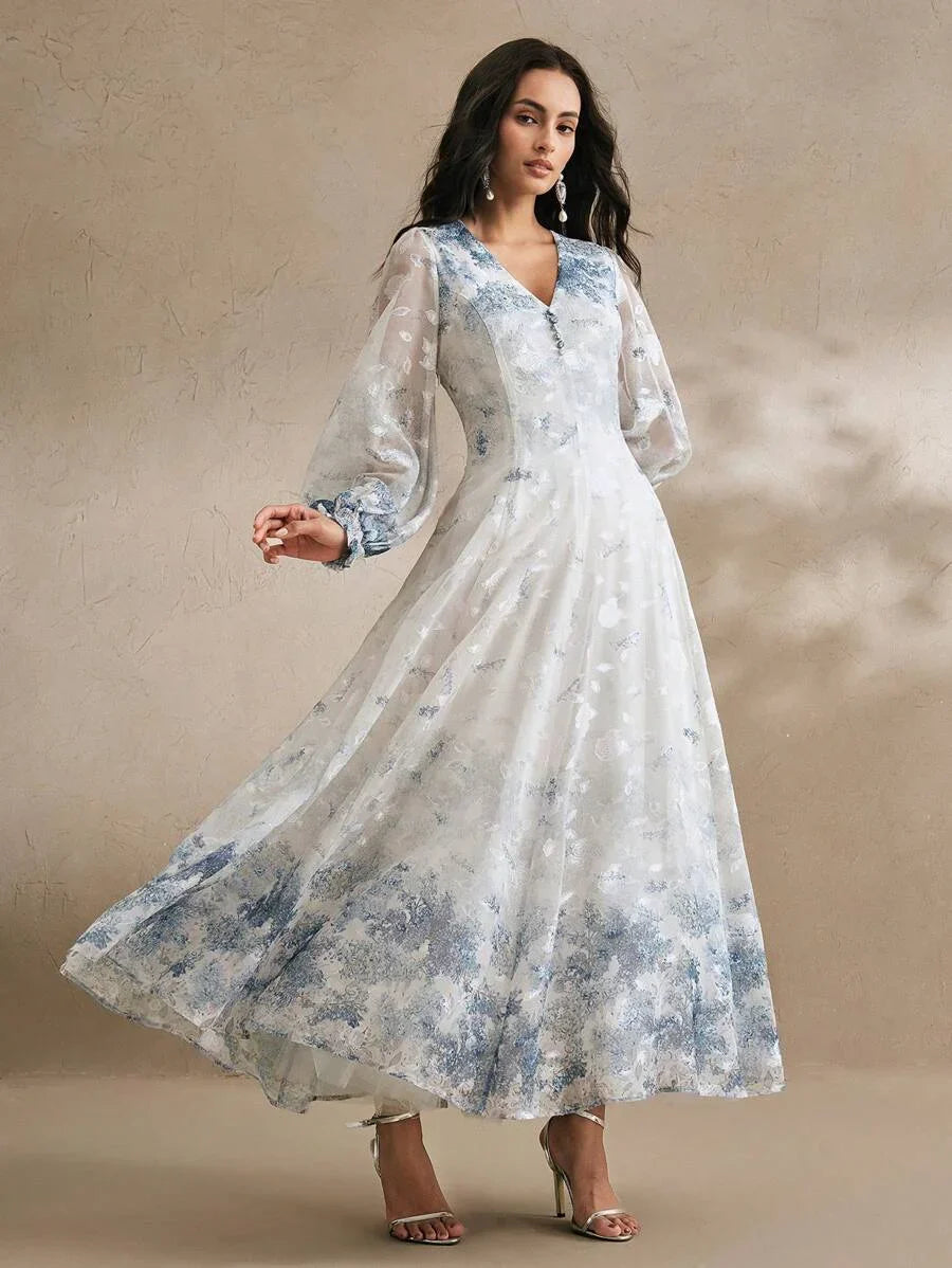 Women VNeck Elegant Placed Floral Print Long Sleeve Dress Spring Outfits Classy Dresses For Woman