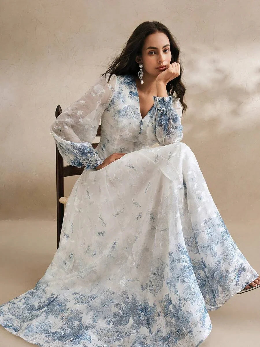 Women VNeck Elegant Placed Floral Print Long Sleeve Dress Spring Outfits Classy Dresses For Woman