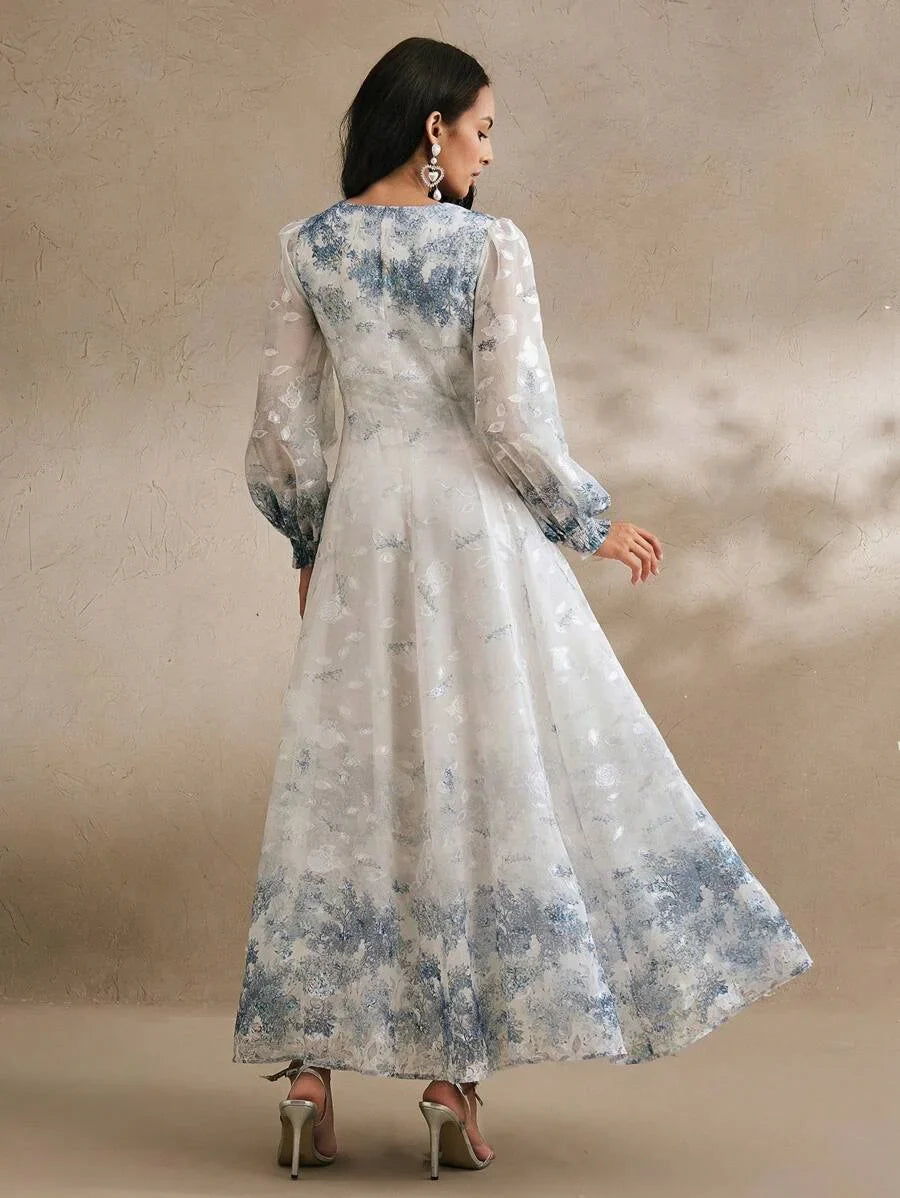 Women VNeck Elegant Placed Floral Print Long Sleeve Dress Spring Outfits Classy Dresses For Woman