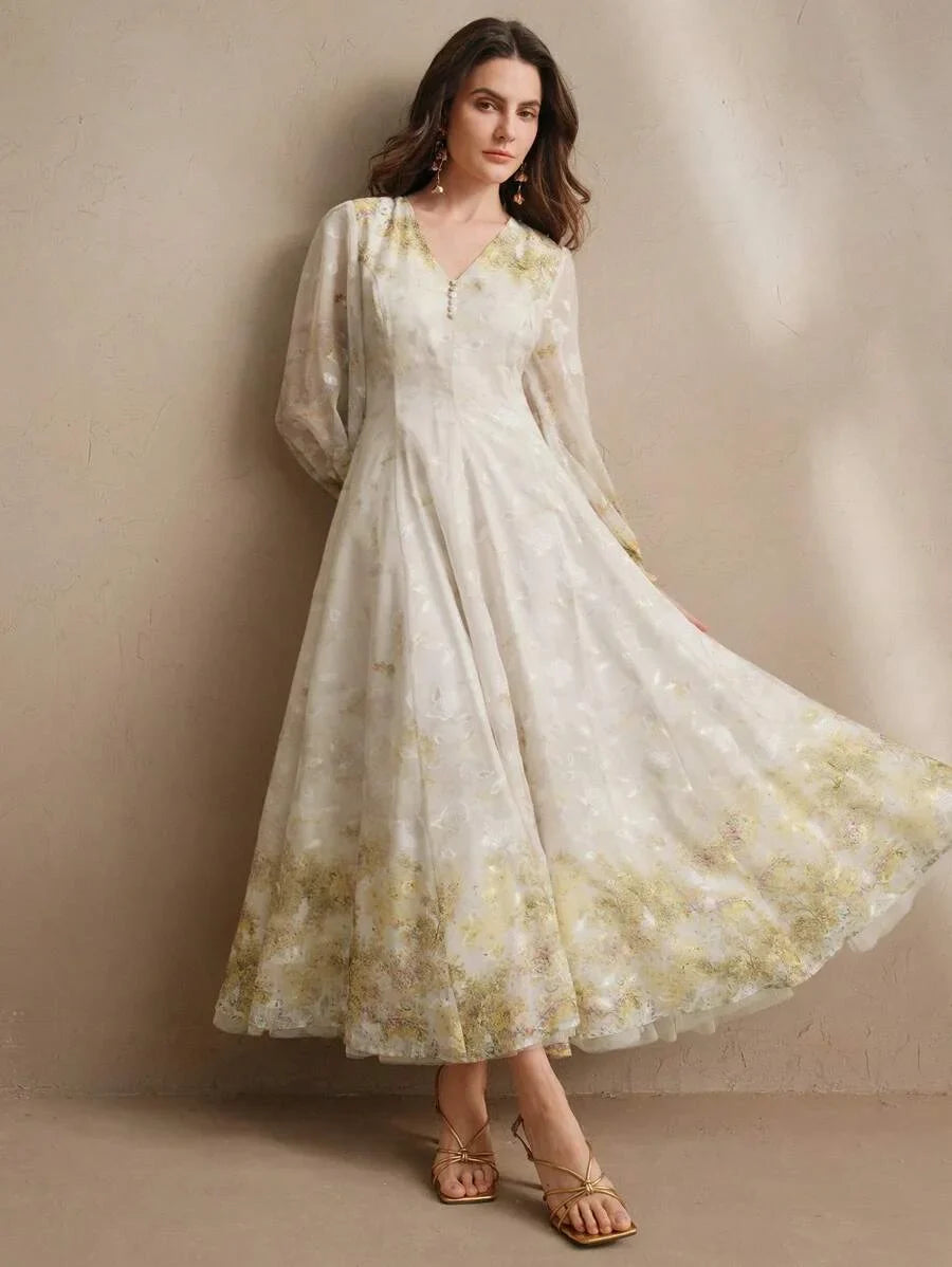 Women VNeck Elegant Placement Floral Print Long Sleeve Dress Spring Outfits Vintage Dresses For