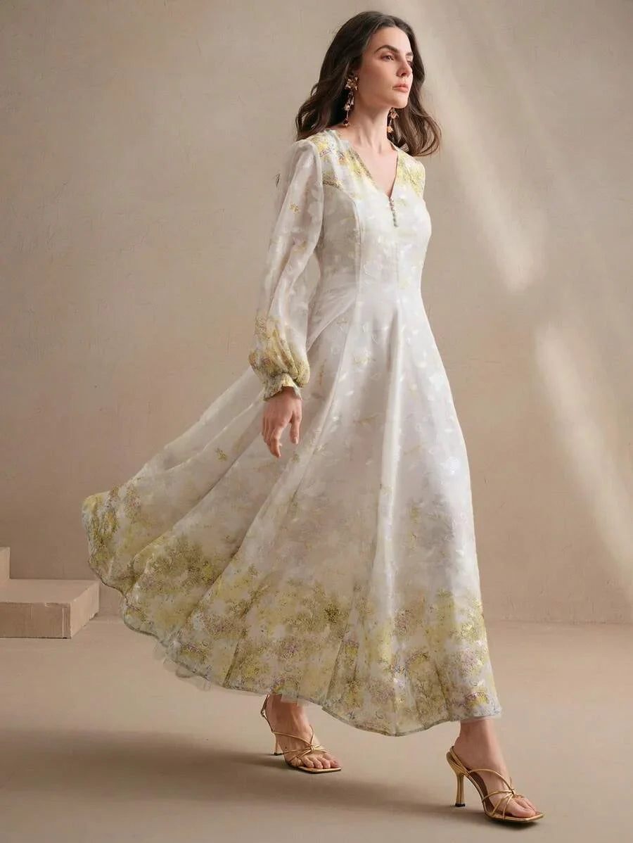 Women VNeck Elegant Placement Floral Print Long Sleeve Dress Spring Outfits Vintage Dresses For