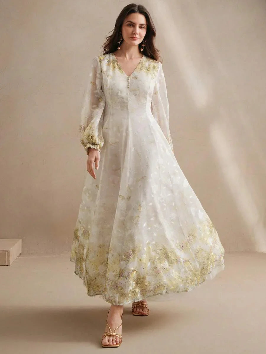 Women VNeck Elegant Placement Floral Print Long Sleeve Dress Spring Outfits Vintage Dresses For