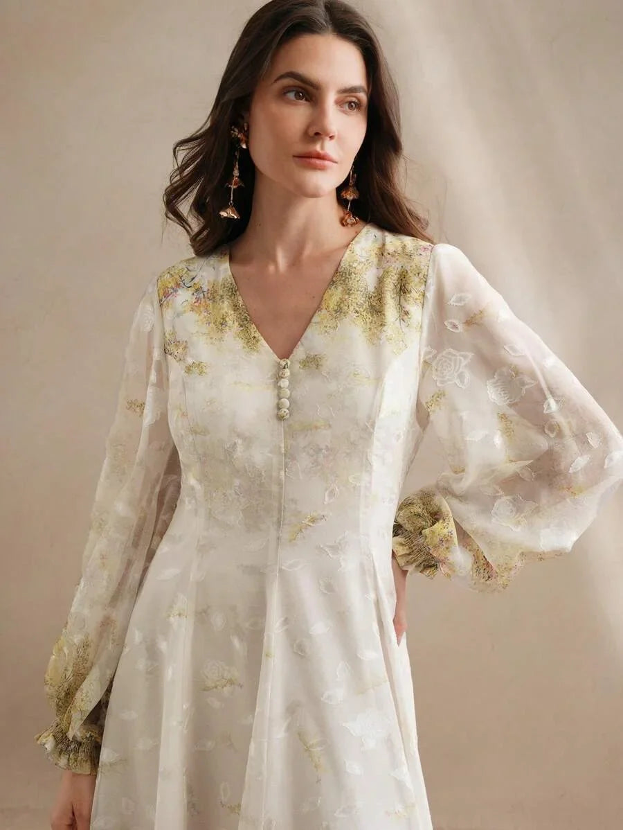 Women VNeck Elegant Placement Floral Print Long Sleeve Dress Spring Outfits Vintage Dresses For