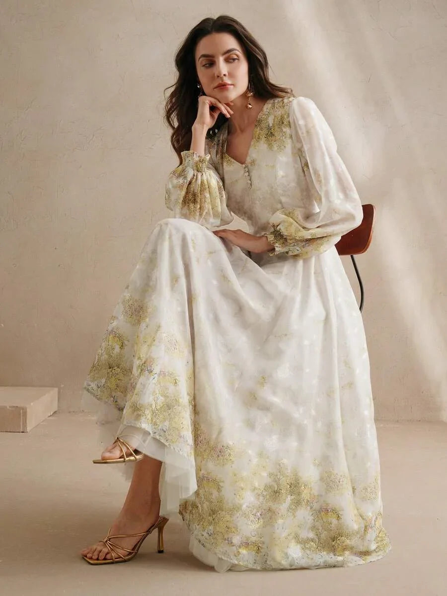 Women VNeck Elegant Placement Floral Print Long Sleeve Dress Spring Outfits Vintage Dresses For