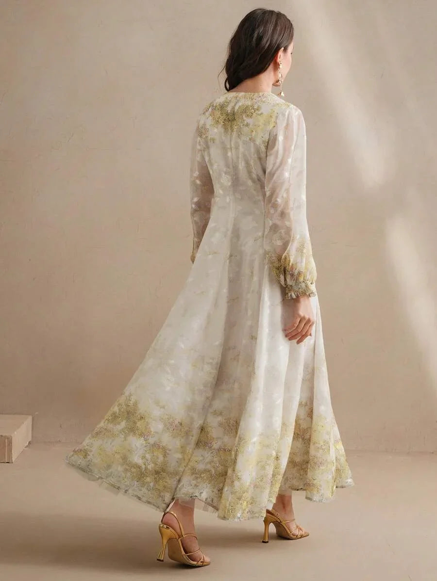 Women VNeck Elegant Placement Floral Print Long Sleeve Dress Spring Outfits Vintage Dresses For