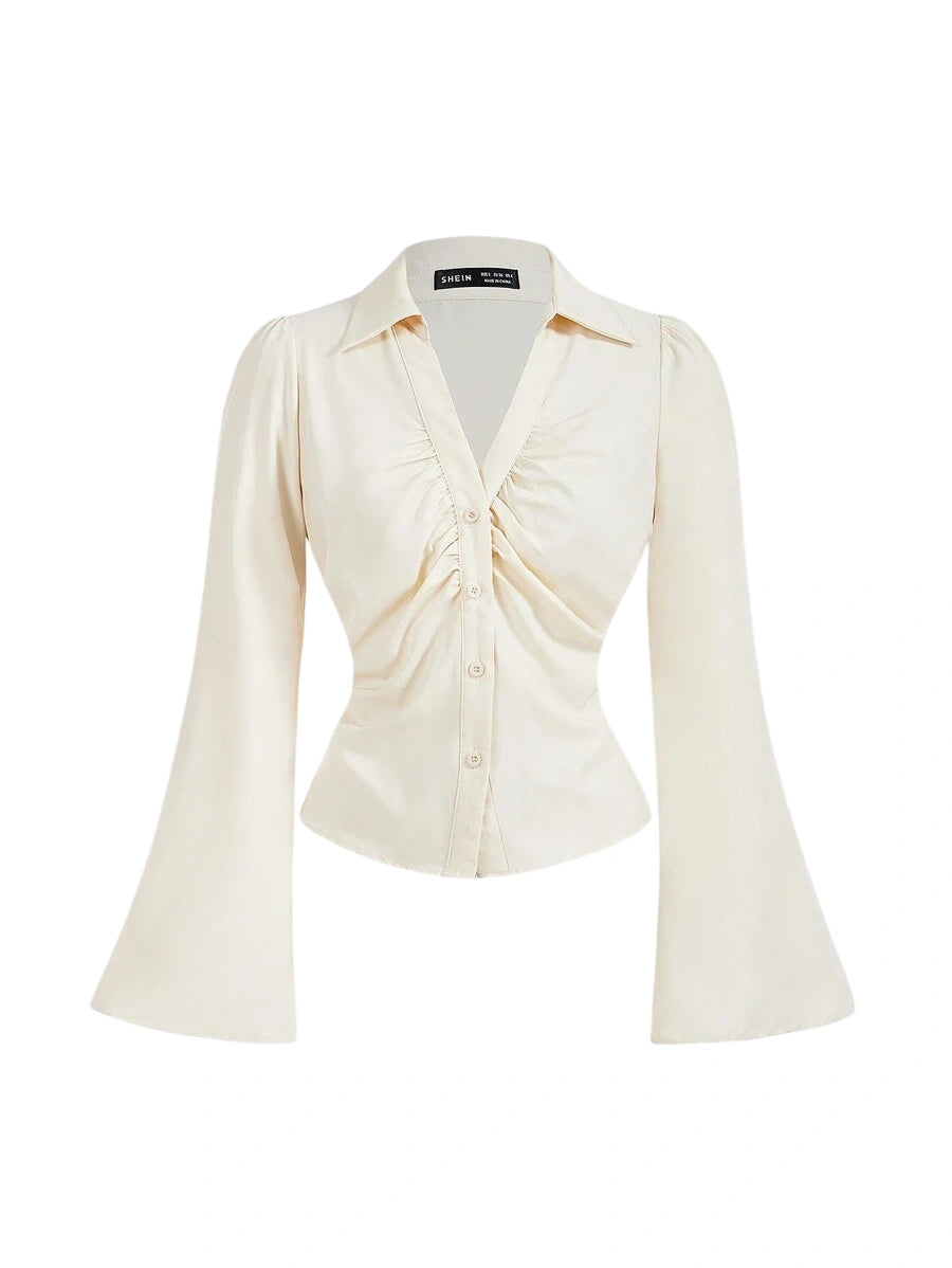 Apricot ruched blouse with button front and long flare sleeves