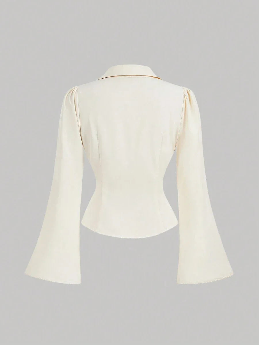 Women VNeck Ruffle Flared Sleeve Blouse Waist CinchedApricot Long Sleeve ShirtWitchy ClothesButton