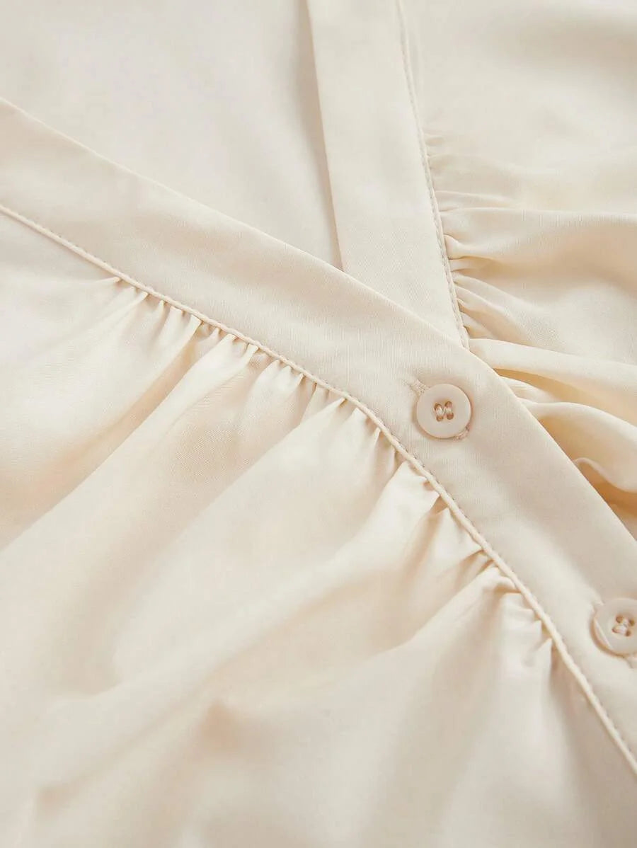 Women VNeck Ruffle Flared Sleeve Blouse Waist CinchedApricot Long Sleeve ShirtWitchy ClothesButton
