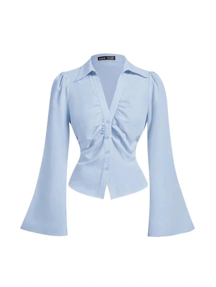 Women Crop Top V Neck Ruffle Flared Sleeve Blouse Waist Cinched Blue Long Sleeve Shirt Witchy Clothes Button