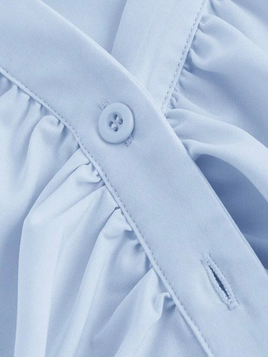 Women Crop Top V Neck Ruffle Flared Sleeve Blouse Waist Cinched Blue Long Sleeve Shirt Witchy Clothes Button