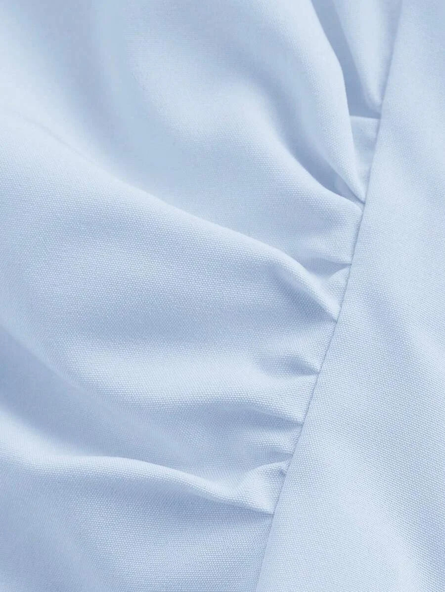 Women Crop Top V Neck Ruffle Flared Sleeve Blouse Waist Cinched Blue Long Sleeve Shirt Witchy Clothes Button