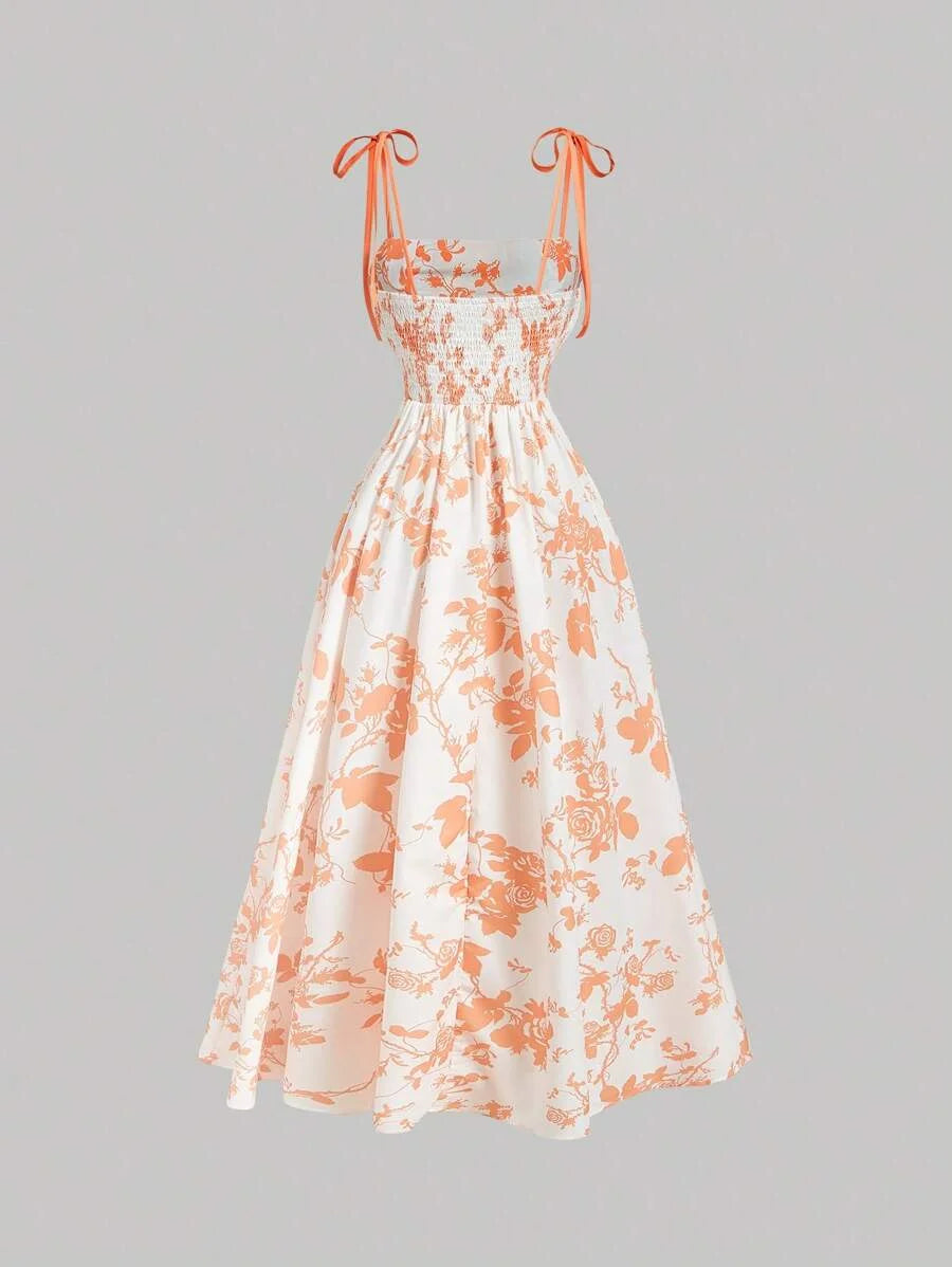 Women White Background Orange Silhouette Flower Print DressWedding Guest Dress