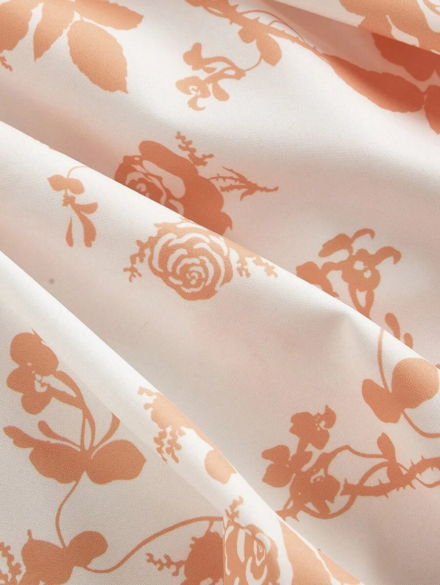 Women White Background Orange Silhouette Flower Print DressWedding Guest Dress