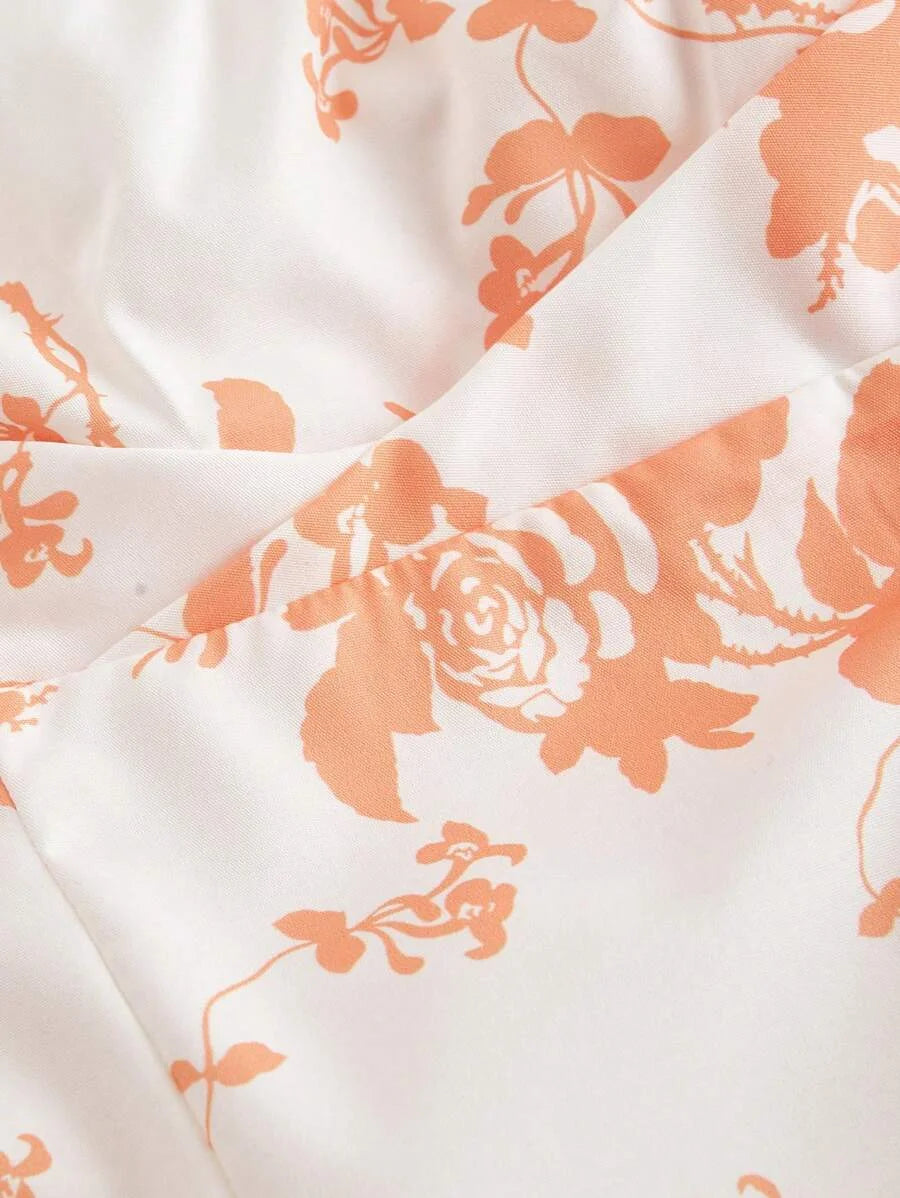 Women White Background Orange Silhouette Flower Print DressWedding Guest Dress