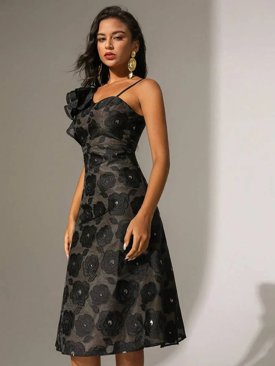 Womens Asymmetrical Collar amp Ruffle Hem Patchwork Dress