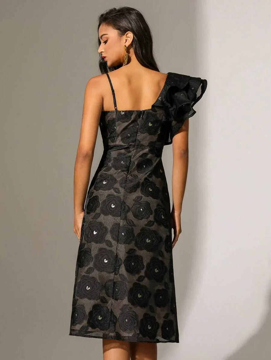 Womens Asymmetrical Collar amp Ruffle Hem Patchwork Dress