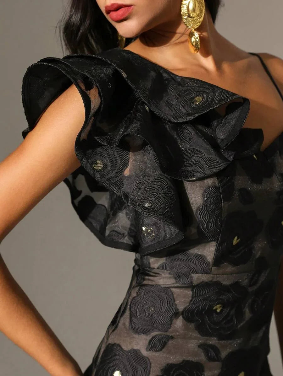Womens Asymmetrical Collar amp Ruffle Hem Patchwork Dress