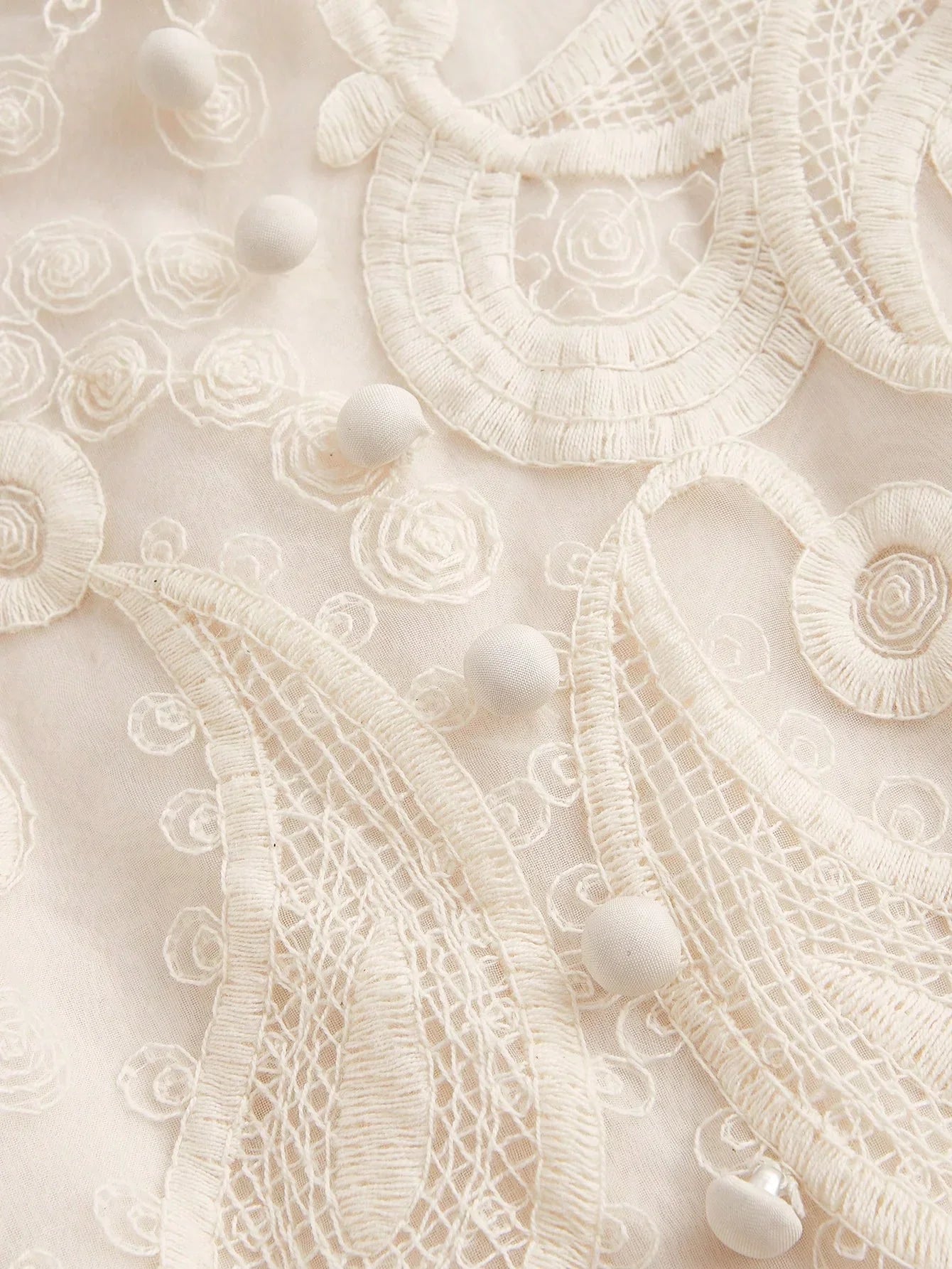 Womens Autumn Stand Collar Lantern Sleeve Ruched Waist SemiSheer Floral Embroidery Elegant Dress