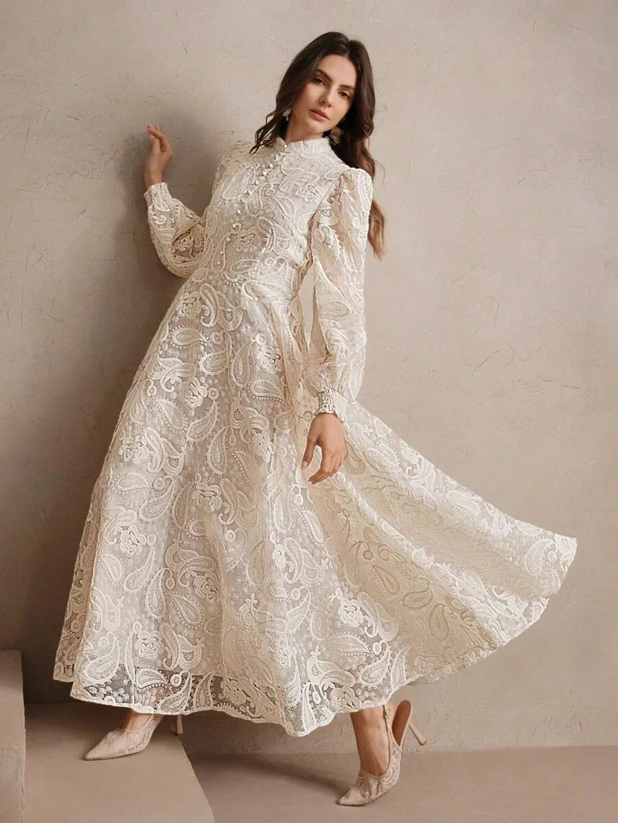 Womens Autumn Stand Collar Lantern Sleeve Ruched Waist SemiSheer Floral Embroidery Elegant Dress