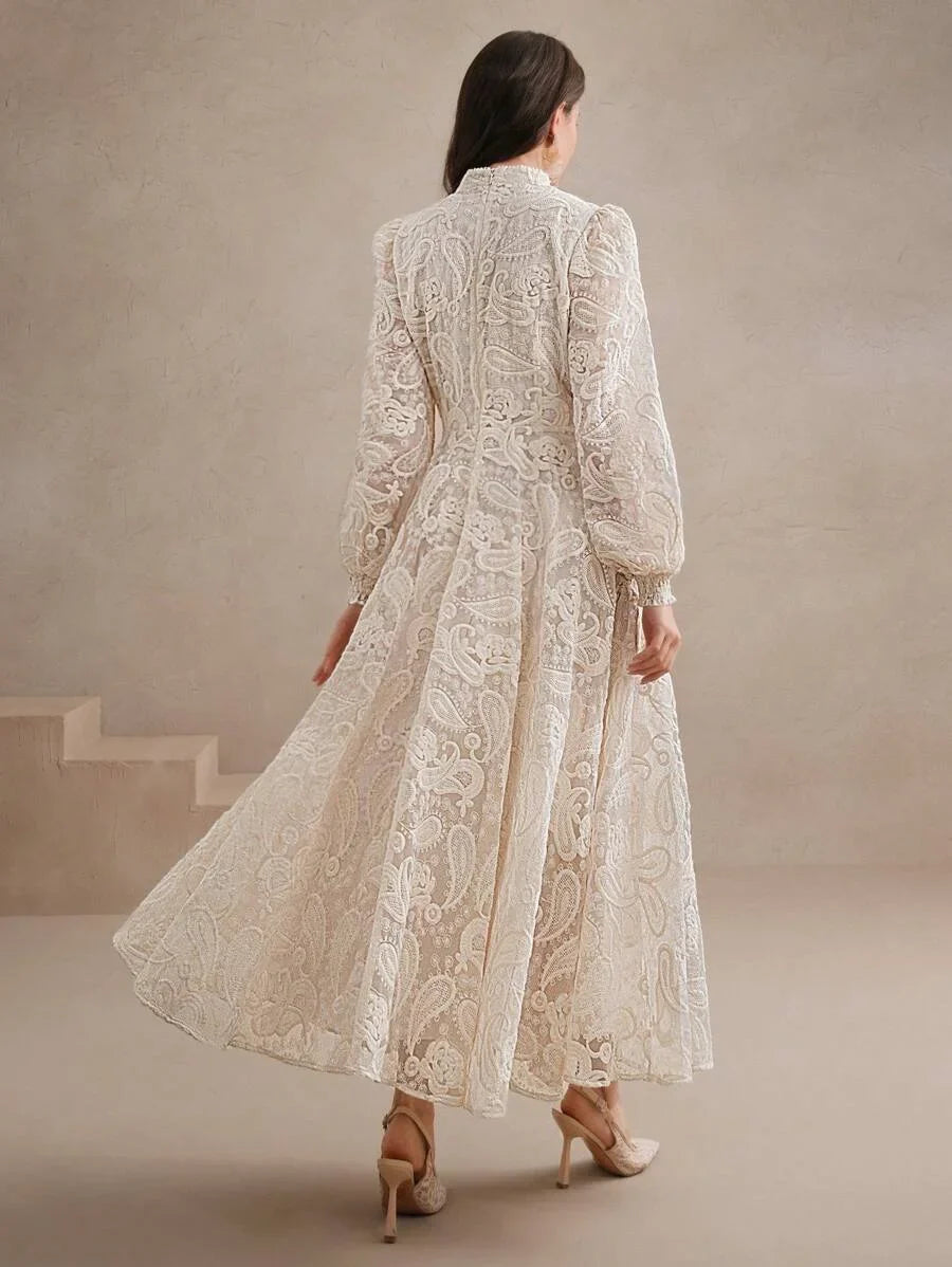 Womens Autumn Stand Collar Lantern Sleeve Ruched Waist SemiSheer Floral Embroidery Elegant Dress