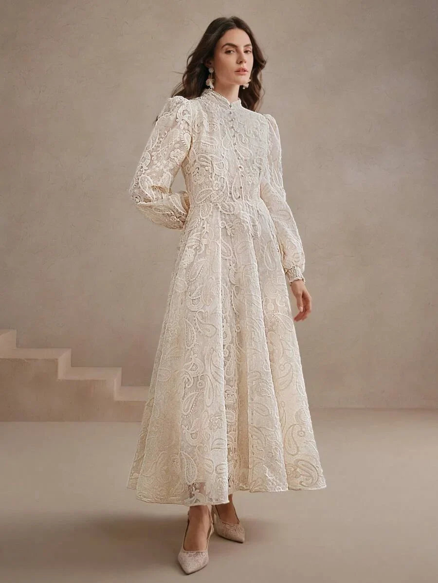 Womens Autumn Stand Collar Lantern Sleeve Ruched Waist SemiSheer Floral Embroidery Elegant Dress