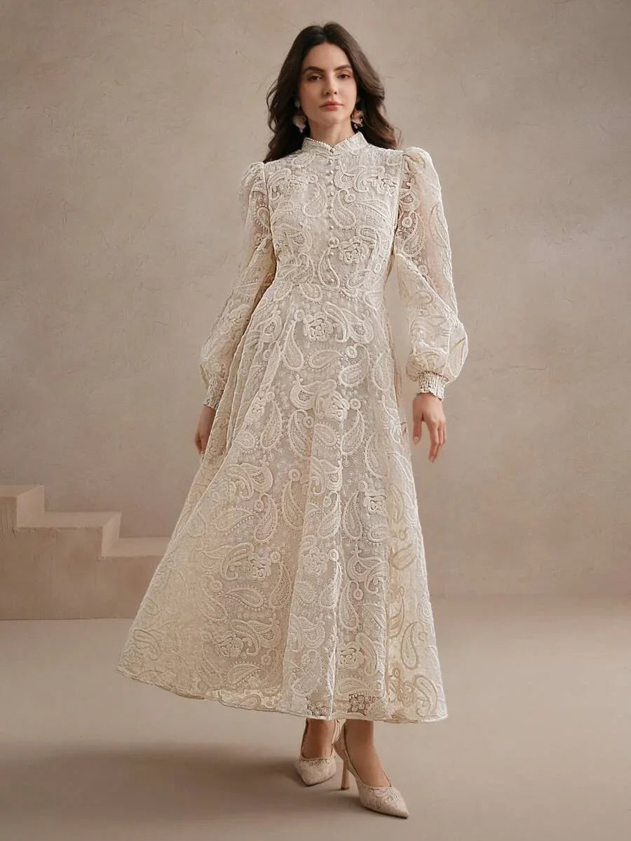 Womens Autumn Stand Collar Lantern Sleeve Ruched Waist SemiSheer Floral Embroidery Elegant Dress
