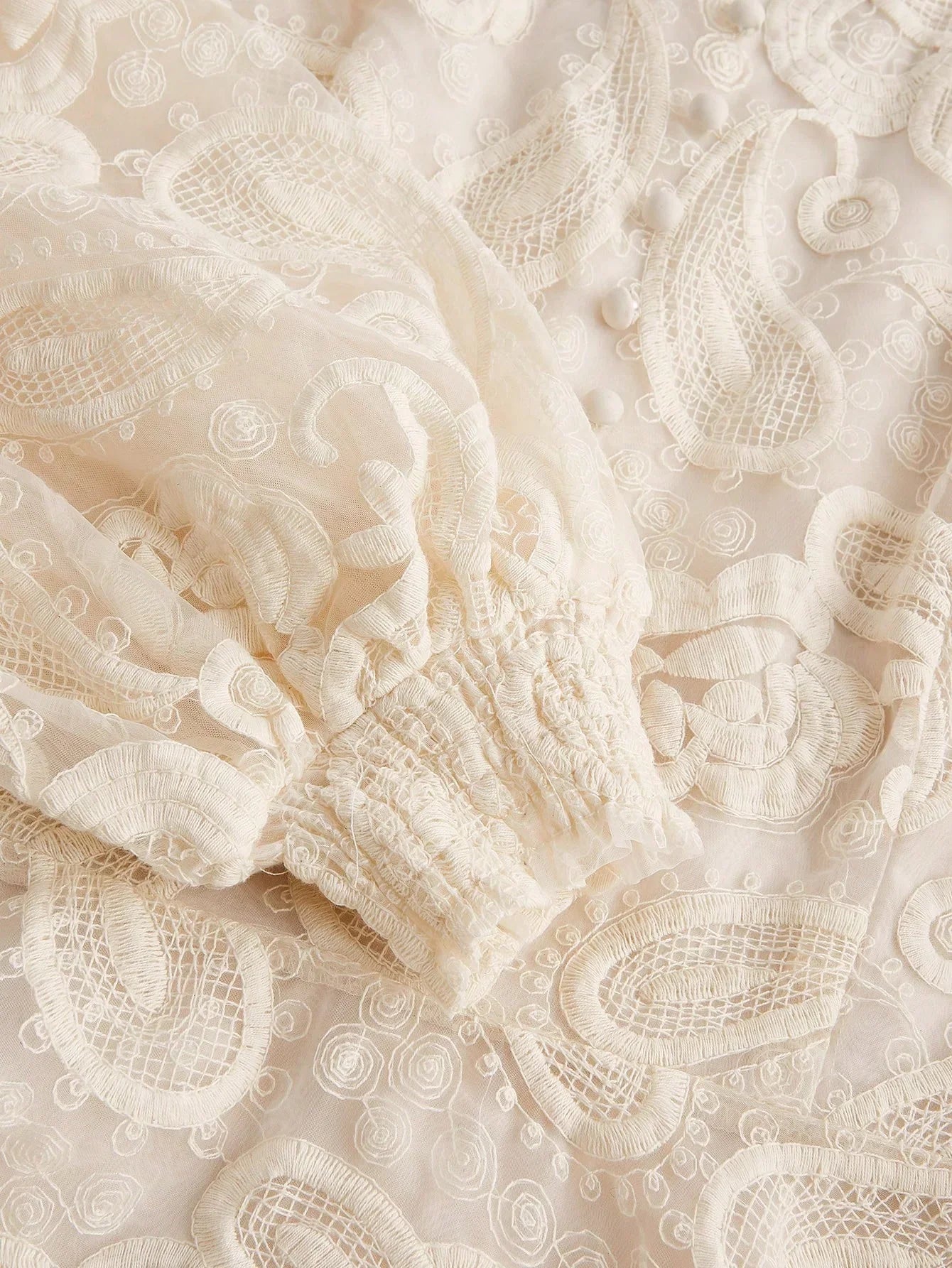 Womens Autumn Stand Collar Lantern Sleeve Ruched Waist SemiSheer Floral Embroidery Elegant Dress