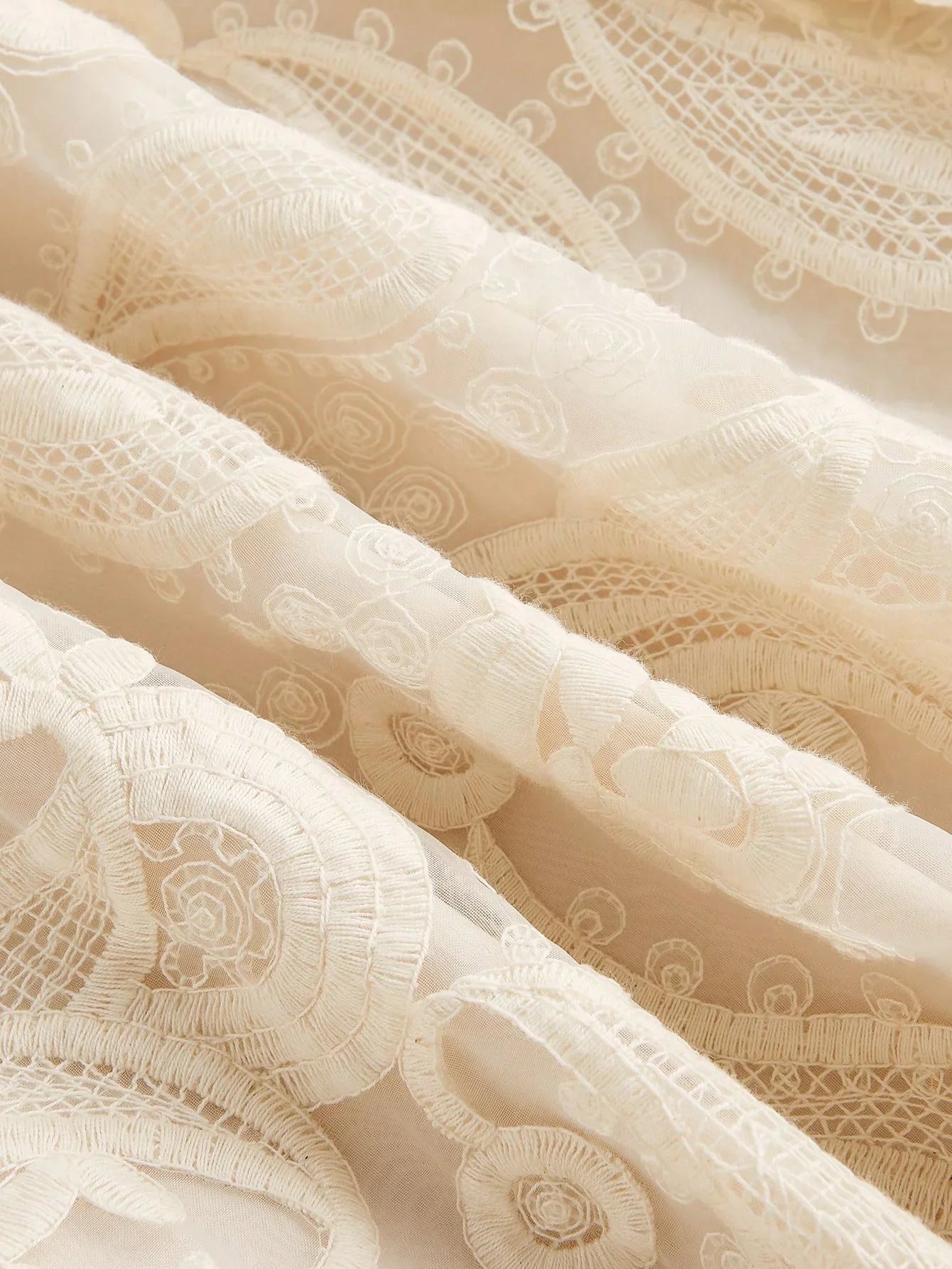 Womens Autumn Stand Collar Lantern Sleeve Ruched Waist SemiSheer Floral Embroidery Elegant Dress