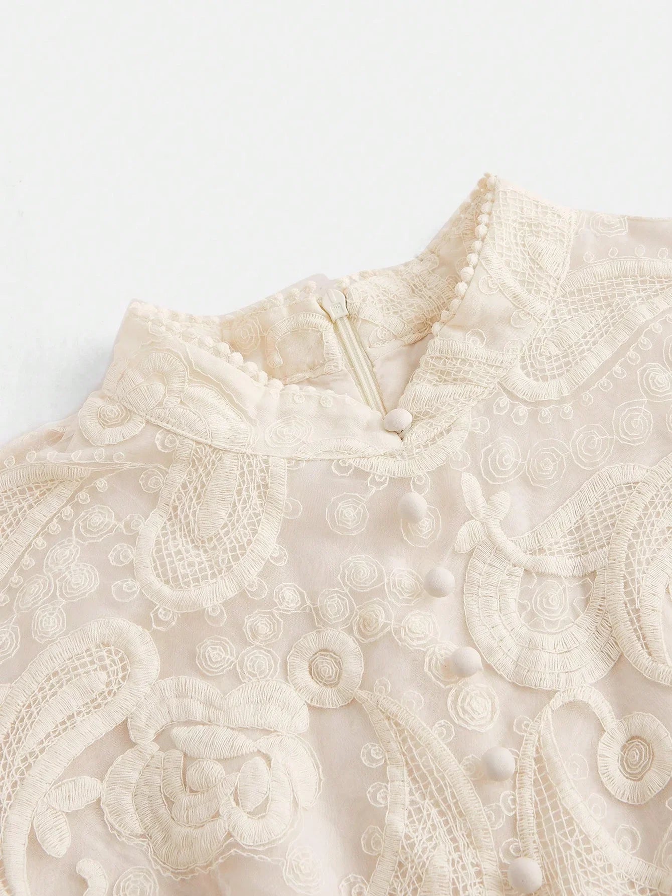 Womens Autumn Stand Collar Lantern Sleeve Ruched Waist SemiSheer Floral Embroidery Elegant Dress