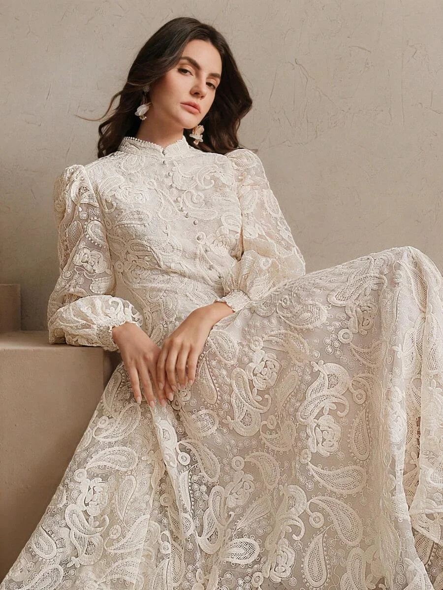 Womens Autumn Stand Collar Lantern Sleeve Ruched Waist SemiSheer Floral Embroidery Elegant Dress