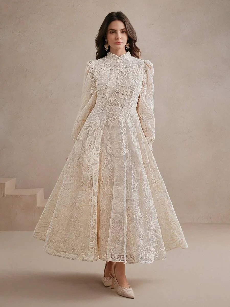 Womens Autumn Stand Collar Lantern Sleeve Ruched Waist SemiSheer Floral Embroidery Elegant Dress