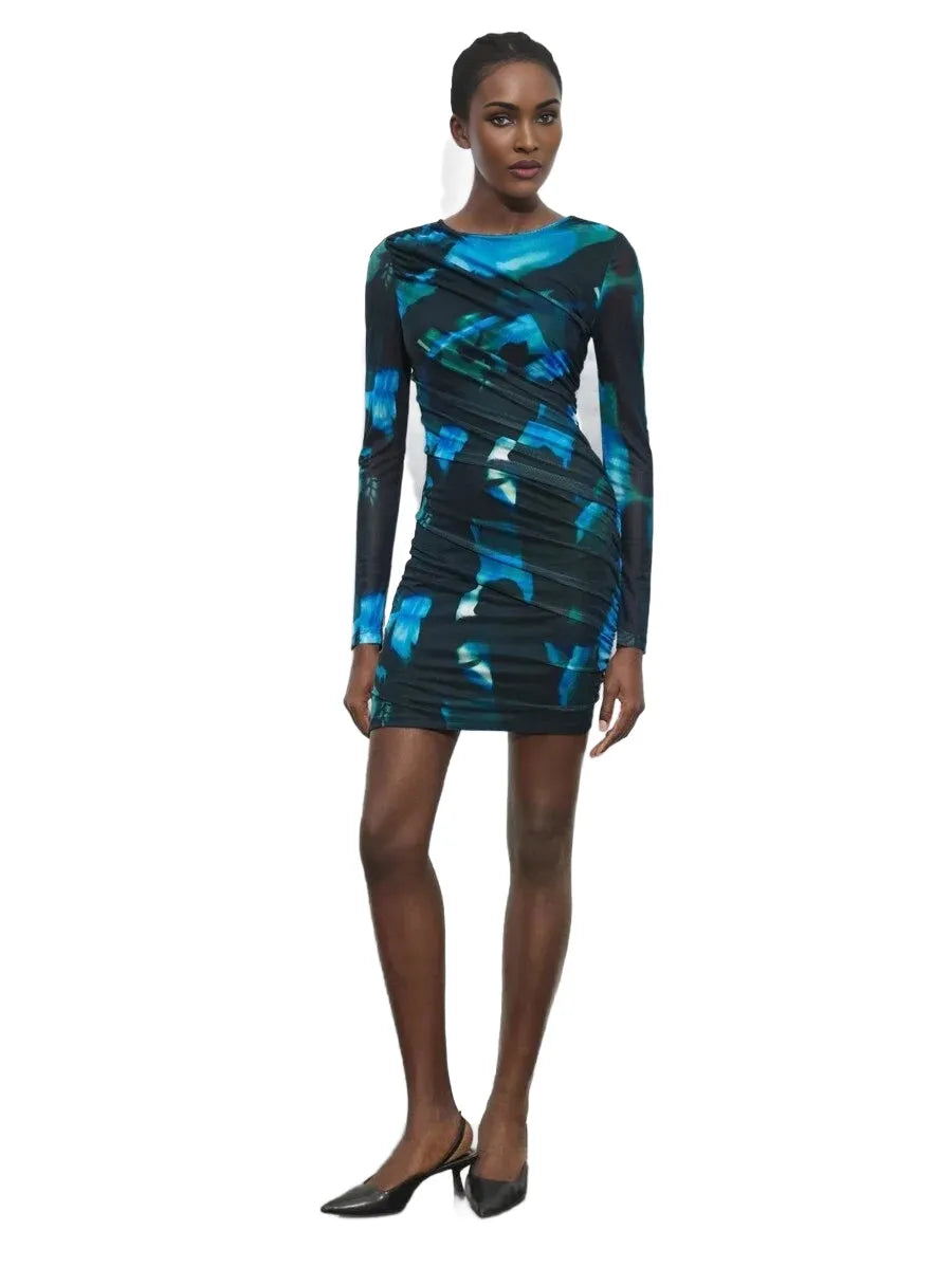 Womens Autumn Stylish TieDye Ruched Fitted Mini Dress