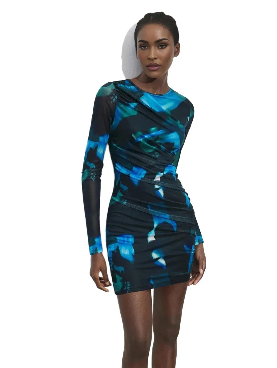 Womens Autumn Stylish TieDye Ruched Fitted Mini Dress