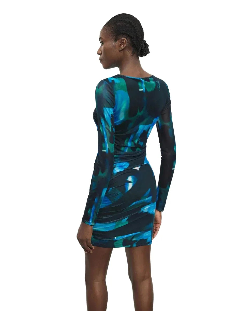 Womens Autumn Stylish TieDye Ruched Fitted Mini Dress