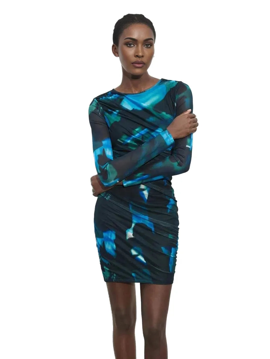 Womens Autumn Stylish TieDye Ruched Fitted Mini Dress