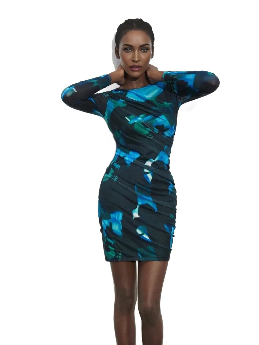 Womens Autumn Stylish TieDye Ruched Fitted Mini Dress
