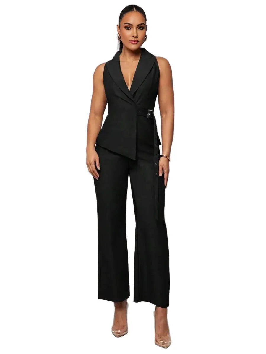 Womens Black Asymmetrical Wrap Collar Tie Waist Jumpsuit Set Elegant Office Wear Summer amp Autumn