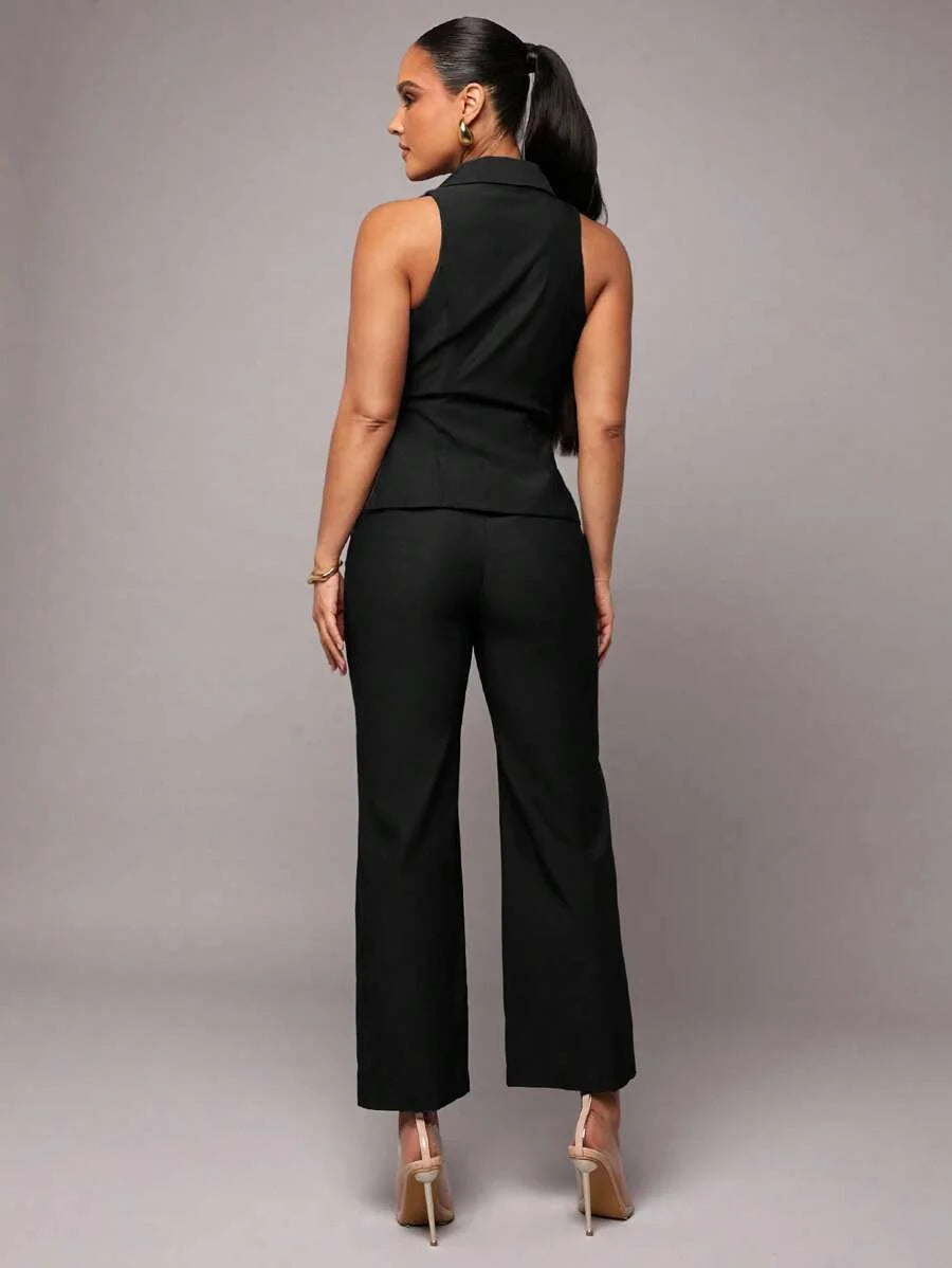 Womens Black Asymmetrical Wrap Collar Tie Waist Jumpsuit Set Elegant Office Wear Summer amp Autumn